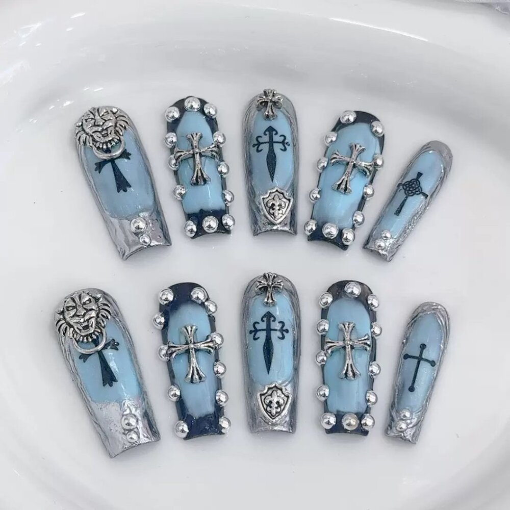 Chrome Hearts Armor Gothic Coffin Shaped Press On Nails